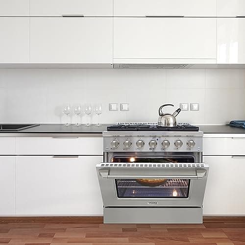 DE360GRSSS Gas Range Cooktop 36-Inch with Porcelain Convection Oven and Broil Function, 6 Sealed Burners and Continuous Grates with Stainless Steel Construction, Silver