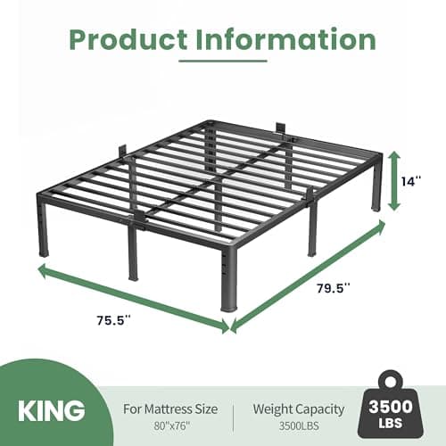 NKZ 14 Inch King Bed Frame, Sturdy Metal Platform with Round Corner Legs, 3,500 lbs Heavy Duty Steel Slat Support, Easy Assembly, Noise Free, No Box Spring Needed