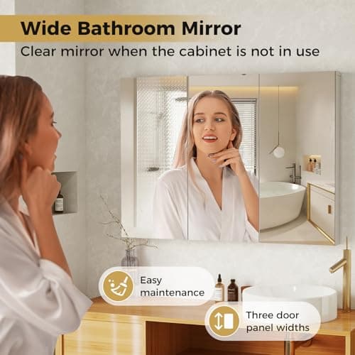 GOFLAME Medicine Cabinet with Mirror, Frameless Bathroom Wall Mounted Mirror Cabinet with 3 Doors and Adjustable Shelves, Bathroom Mirror with Storage, Recess or Surface Mount Installation