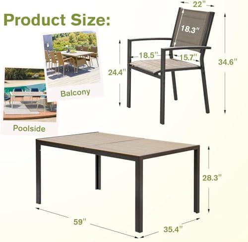 Homall Patio Dining Set 7 Pieces Outdoor Furniture with Large Table and 6 Textilene Chairs for Porch, Poolside, Yard and Garden, Brown