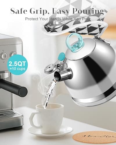 Harriet Tea Kettle Stovetop, 2.5 Quart Whistling Stainless Steel Tea Pot, 3-Layer Base, Unique Ergonomic Handle, Includes Pot Holder & Mat, Electric/Induction/Gas Stovetops Applicable, Mirror Finish