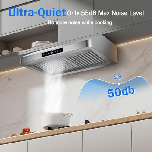 30 Inch Under Cabinet Range Hood with 1200CFM Powerful Suction,Stainless Steel Ducted Vent Hood with 4 Speeds,Smart Touch Panel, 3W LED Lights, Quiet Kitchen Exhaust Hood,18B-E30
