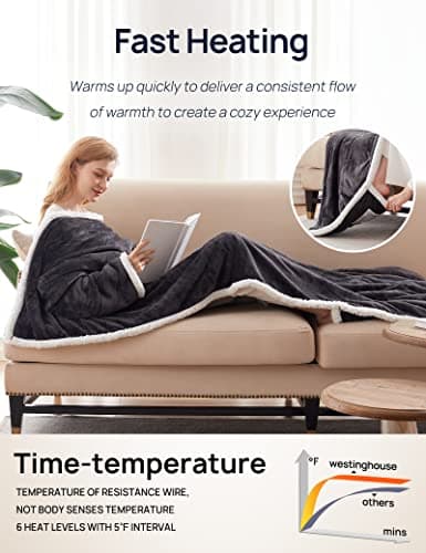 Westinghouse Electric Snuggle Throw Blankets with Foot Pocket, Wearable Heated Blanket with Sleeves, 6 Heating Levels & 2 to 10 Hours Heating Time Settings, 50 * 70"+18", Grey
