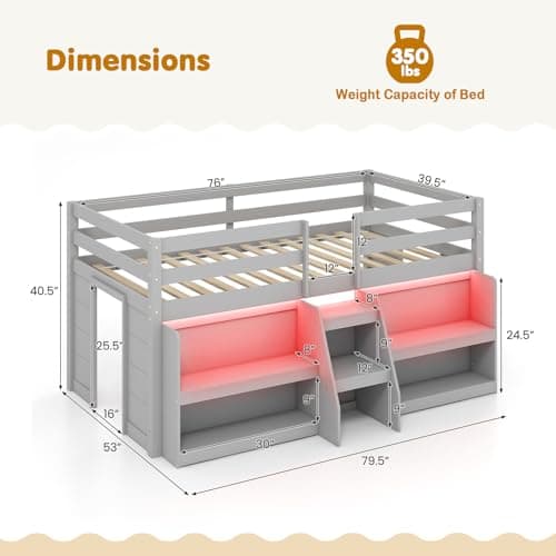 Giantex Low Loft Bed with LED Lights, Wooden Loft Bed Twin Size with Stairs & Safety Guardrail, Loft Bed for Kids with Storage Bookcase and Under-Bed Play Space, Grey