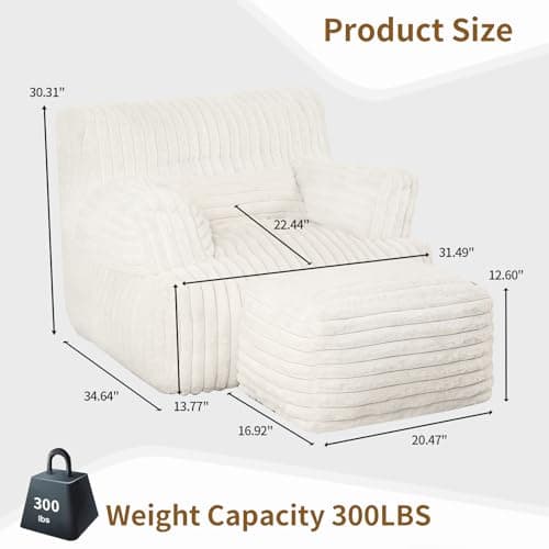Comfy Gaint Bean Bag Chair with Ottoman, Fluffy Huge Bean Bag Armchair for Adults and Teens, Cream