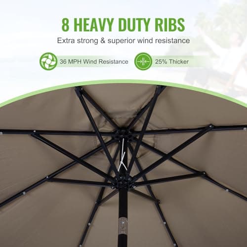 Backyard Expressions 9ft Solar Patio Umbrella with 32 LED Lights - Beige – Outdoor Market Umbrella with Tilt & Crank, Solar-Powered Lighting