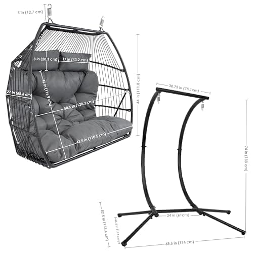 Sunnydaze Andrei Double Hanging Egg Chair with Stand - 2-Person Outdoor Egg Chair - Includes Steel Stand and Cushion - Dark Gray