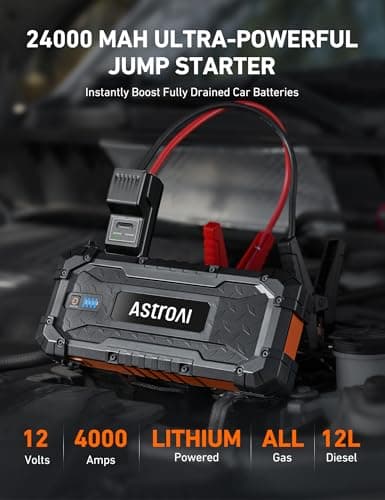 AstroAI S8 Ultra 4000A Jump Starter, 24000mAh Car Starter(All Gas, Up to 12L Diesel Engine), 12V Auto Battery Booster Pack, Jump Box with USB Quick Charge and DC/Type C Port, LED Light, Jumper Cable