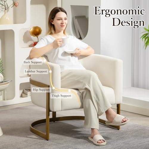 Modern Off-White Accent Chair, Velvet Barrel Chair Padded Seat, Upholstered Comfy Armchair for Reading/Living Room/Bedroom/Club Side Chairs with Luxury Gold Frame