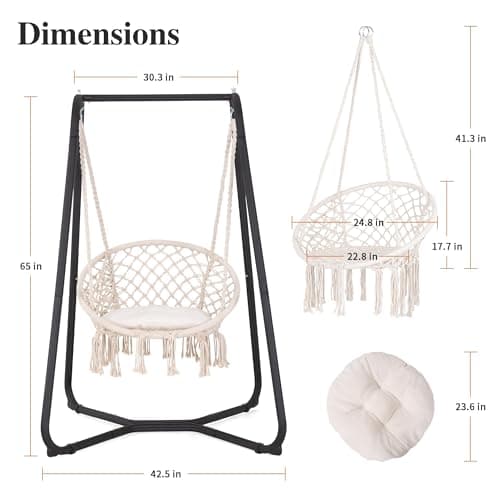 SUNCREAT Patio Swing Chair with Stand and Cushion, Heavy Duty Hanging Chair with Stand for Bedroom, 330 lbs Capacity, Patent Pending, Beige