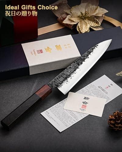 8.27 Inch Japanese Chef Knife, 210MM Black Forged Japanese Knife with Red Sandalwood and Eboy Wood Handle, Gyuto Chefs Knives with Premium Gift Box (WA Series)