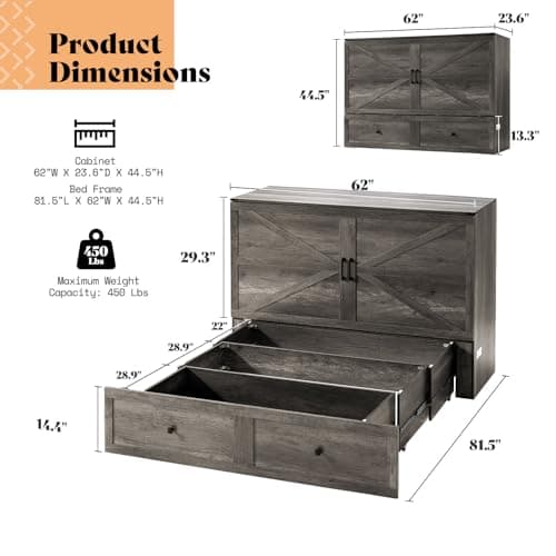 AMERLIFE Queen Murphy Bed with Storage & Charging Station, Farmhouse Murphy Cabinet with Foldable Panel, Noisy Free, for Living Room, Guest Bedroom, Office, Rustic Gray