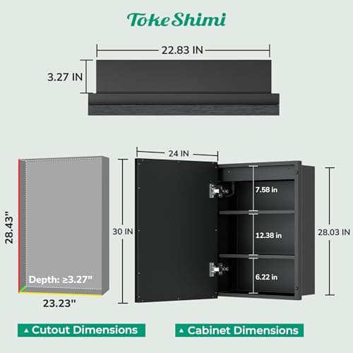 TokeShimi 24x30 Recessed Medicine Cabinet with Lights Mirror, 3-Color Stepless Dimmable LED Mirror Medicine Cabinet with Electrical Outlets and Defog, in Wall Mirror with Storage