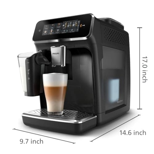 PHILIPS Series 3300 Fully Automatic Espresso Coffee Machine - 6 Hot & Iced Drinks, LatteGo Milk System, 40% Quieter SilentBrew, Ceramic Grinder, Aquaclean Filter, Glossy Black (EP3341/50)