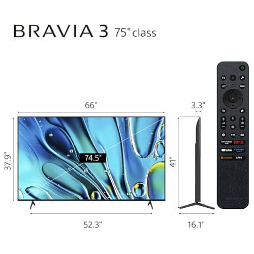 Sony 75-Inch Class 4K Ultra HD BRAVIA 3 LED Smart TV with Google TV, Dolby Vision HDR, and Exclusive Features for PlayStation®5 (K-75S30), 2024 Model