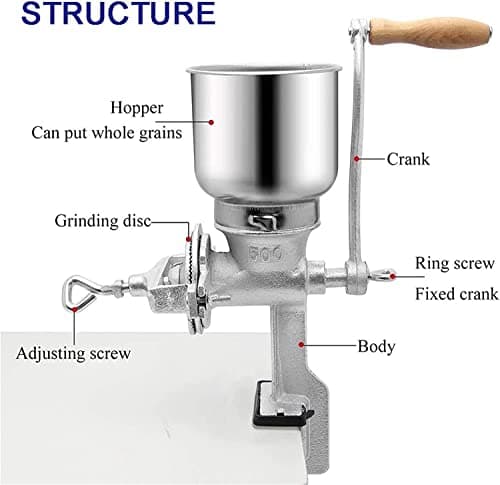 Corn Grinder Mill, Manual Stainless Steel Grain Mill with Hand Crank & Table Clamp Design, Large Hopper Grain Grinder Home Use Hand Cranking Operation for Nut, Coffee, Grain, Seeds, Corn, Spices