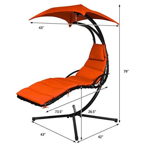 Giantex Hanging Chaise Lounger Chair, Arc Stand Porch Swing Chair w/Canopy, Cushion Built-in Pillow, Outdoor Freestanding Swing Hammock Chair for Patio Poolside Backyard Garden (Orange)