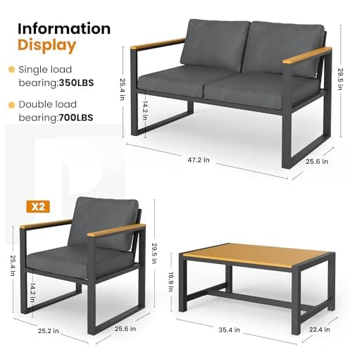Pamapic 4 Pieces Outdoor Patio Furniture Set, Modern Metal Balcony Furniture with Plastic-Wood Coffee Table, All-Weather Patio Conversation Set with Thick Cushion for Balcony, Porch, Gray