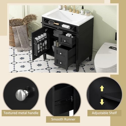 Modern 30" Bathroom Vanity with Sink, Bathroom Storage Cabinet with 2 Drawers, 1 Tip-Out Drawer and 1 Door, Freestanding Bathroom Vanities, Soft Closing, Solid Wood Frame