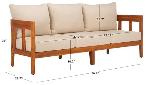 SAFAVIEH Outdoor Collection Owen Natural Teak Solid Wood/Taupe Cushion 3-Seater Sofa