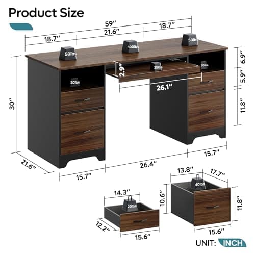 Bestier 59” Computer Desk with 4 Drawers, Office Desk with Storage, Industrial Executive Desk with File Drawer, Keyboard Tray & 2 Pedestals for Home Office & Studio, Cherry