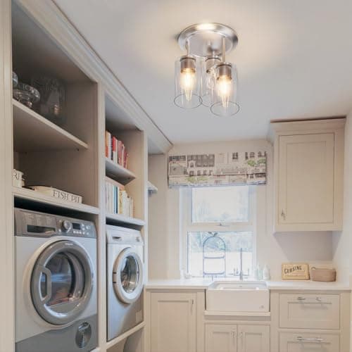 Kalium 3-Lights Semi Flush Mount Ceiling Light Fixture, Farmhouse Light Fixtures, Ceiling Light Decor for Kitchen, Foyer, Entryway, Brushed Nickel with Clear Glass Shade.