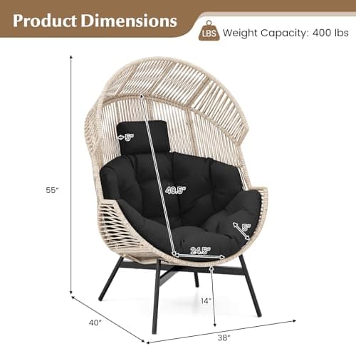 Tangkula Oversized Egg Style Chair, Wicker Stationary Patio Egg Chair w/Cushions & Headrest, Heavy-Duty Metal Frame, Patio Lounge Basket Sofa Chair for Yard, Porch, Living Room
