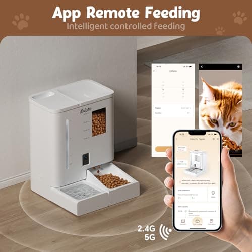 Automatic Cat Feeder with Camera,5G/2.4G WiFi Pet Feeder,2K HD Video and Night Vision,Easy APP Operation,Low Food and Food Clogging APP Tips,Water and Grain Large Capacity Feeder