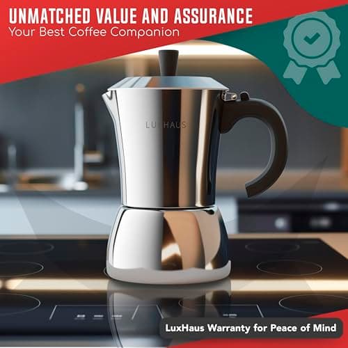 LuxHaus Moka Pot - 3 Cup Stovetop Espresso Maker - 100% Stainless Steel Italian and Cuban Mocha Coffee Maker