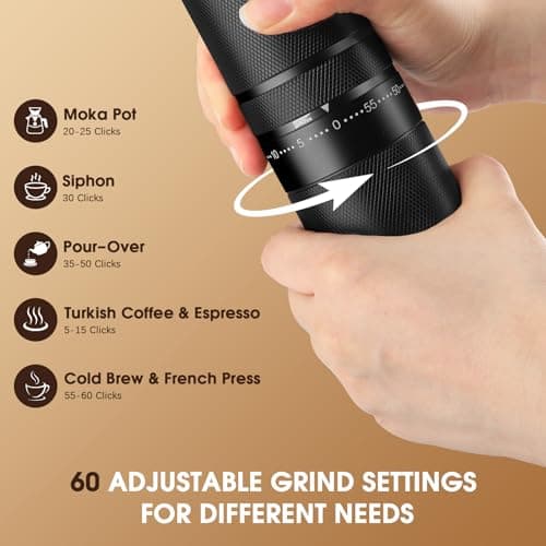 Portable Manual Coffee Grinder – 60 Precision Grind Settings, Stainless Steel Conical Burr Mill for Espresso, French Press & Travel