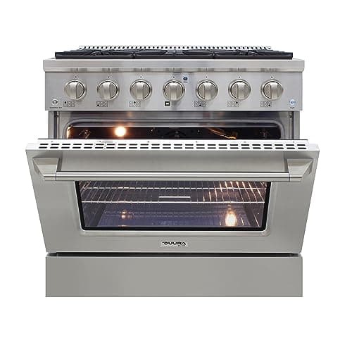 DE360GRSSS Gas Range Cooktop 36-Inch with Porcelain Convection Oven and Broil Function, 6 Sealed Burners and Continuous Grates with Stainless Steel Construction, Silver