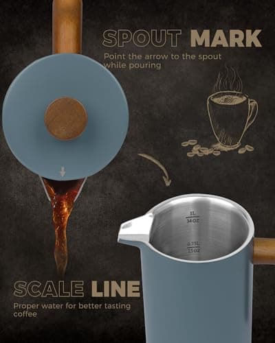POLIVIAR French Press Coffee Maker, 34 oz Coffee Press with Real Wood Handle, Double Wall Insulation & Dual-Filter Screen, Food Grade Stainless Steel for Good Coffee and Tea (Alpline)