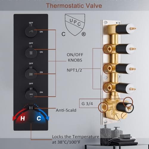 MONDAWE 23" Full Body Thermostatic Shower Jets System, 64-Color LED Music Waterfall Rainfall Luxury Shower Head System with 6 Spray Jets, Ceiling Mount Rain Shower Faucet Set, Matte Black