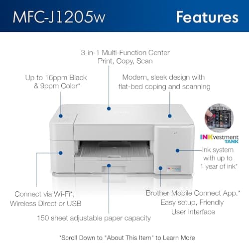 Brother MFC-J1205W INKvestment -Tank Wireless Multi-Function Color Inkjet Printer with Up to 1-Year in Box, Works with Alexa