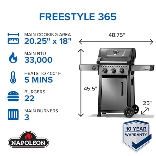 Napoleon Freestyle 365 Propane Gas Outdoor Grill, Graphite Grey – 3-Burner BBQ with Stainless Steel Cooking Grates
