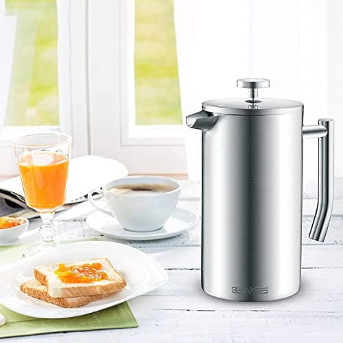 Belwares French Press Coffee Maker 50 Oz – Insulated Coffee Press Stainless Steel 304 Large – Double Wall, & 4 Level Filtration System (1.5 Liter) – Silver