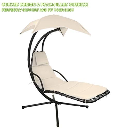Patio Hanging Chaise Outdoor Lounger Padded Cushion Swing Hammock Chair w/Sun Shade Canopy Umbrella Stand [Beige]
