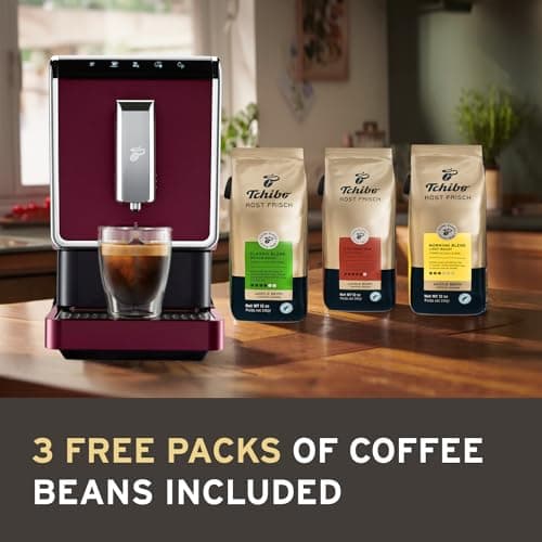 Tchibo Automatic Espresso & Coffee Machine Bundle with Built-in Grinder, Comes With 3 x 12 oz. Bags of Whole Bean Coffee, Red