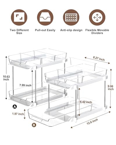 Delamu 2 Sets of 2-Tier Multi-Purpose Bathroom Under Sink Organizers and Storage, Stackable Kitchen Pantry Organization, Pull Out Medicine Cabinet Organizer with 8 Movable Dividers