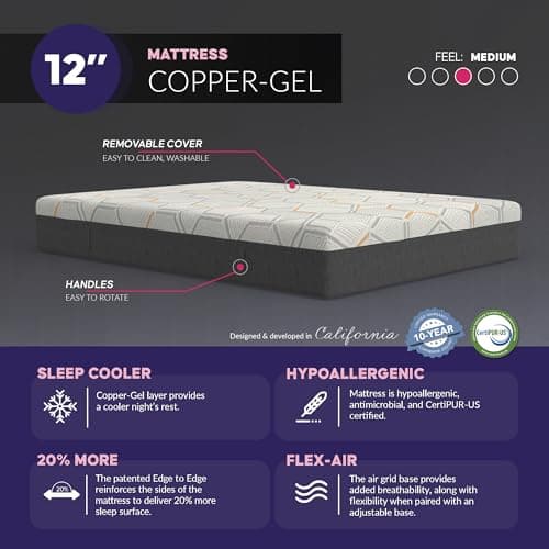 Blissful Nights e4 Queen Adjustable Bed Base Frame with 12" Medium Firm Copper and Gel Infused Memory Foam Mattress
