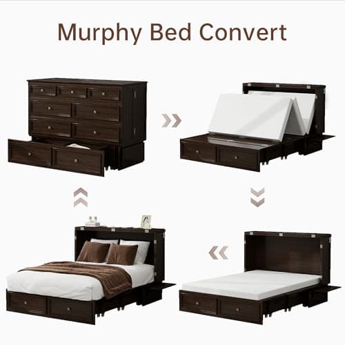 Murphy Bed Cabinet Full with Tri-Folding Mattress, Solid Wood Murphy Bed with 2 USB & 2 Charging Ports, Large Storage Drawer for Home Office or Small Space, Ebony Wood Color