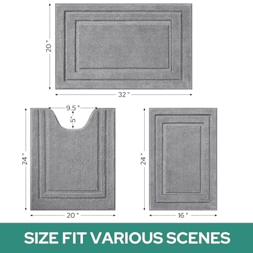HOMEIDEAS Bathroom Rugs Sets 3 Piece, Super Soft and Absorbent Non Slip Microfiber Toilet Bath Mat with U-Shaped (Grey)