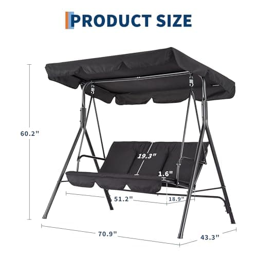 Outdoor Porch Swing Chair with Adjustable Canopy for Adults 3 Seat Glider Bench with Thickened Cushions Outside Patio Swing for Backyard Lawn Garden Black