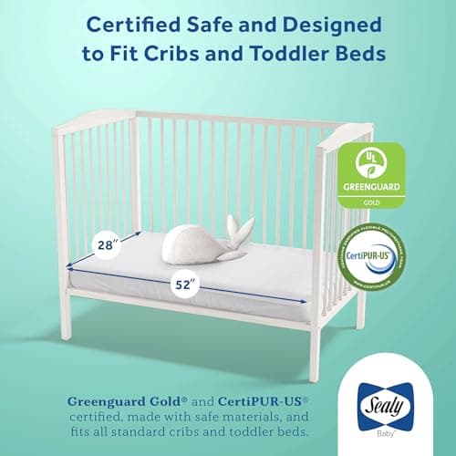 Sealy Baby Posturepedic Grace Hybrid - Firm 2-Stage Crib Mattress with Breathable Waterproof Barrier - GREENGUARD Gold Certified, Soy-enhanced Foam for Infants and Toddlers, Made in the USA (52x28")
