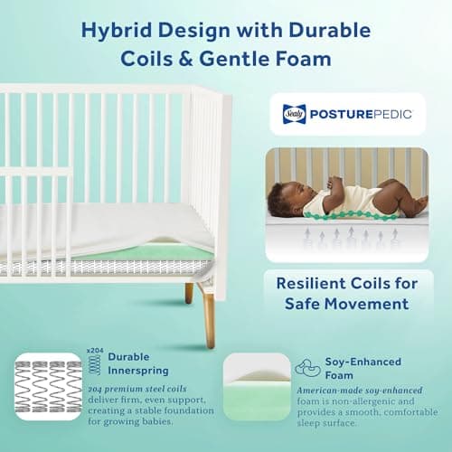Sealy Baby Posturepedic Grace Hybrid - Firm 2-Stage Crib Mattress with Breathable Waterproof Barrier - GREENGUARD Gold Certified, Soy-enhanced Foam for Infants and Toddlers, Made in the USA (52x28")