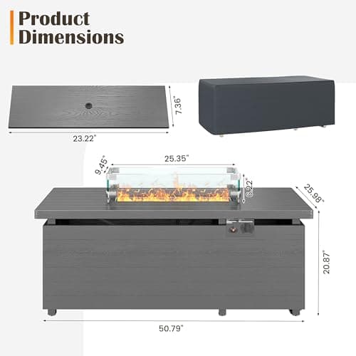 Sundale Outdoor 51 Inch Outdoor Fire Pit Table, 50,000 BTU Rectangle Propane Fire Pit with Glass Wind Guard, Rain Cover, Removable Lid, CSA Certified, Gray