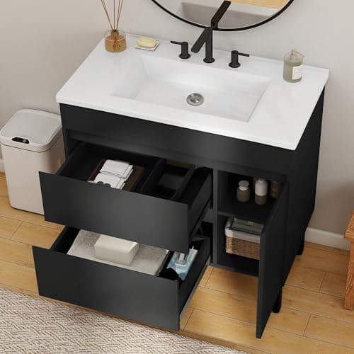 YITAHOME 36 Inch Bathroom Vanity with Sink, Bathroom Cabinet Vanity for Media Space, Freestanding Storage Bathroom Vanity with 1 Soft Closing Cabinet & 2 Drawers, Black