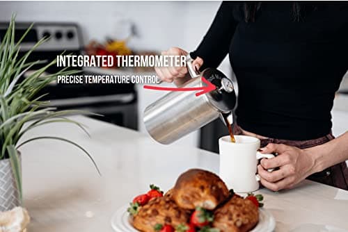 Barista Warrior French Press with Thermometer - Insulated Coffee Press - Stainless Steel Coffee Maker (1.0L | 34 fl oz) (White)