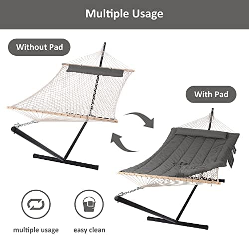 SUNCREAT Double Outdoor Hammock with Stand, Two Person Cotton Rope Hammock with Polyester Pad, Dark Gray
