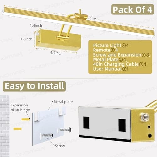 4 Pack Picture Lights for Wall, 16in Art Lighting for Paintings Cordless, 5200mAh Rechargeable Battery Operated Picture Light with Remote Dimmable and Timer for Artwork, Gallery, Frame, Display, Gold